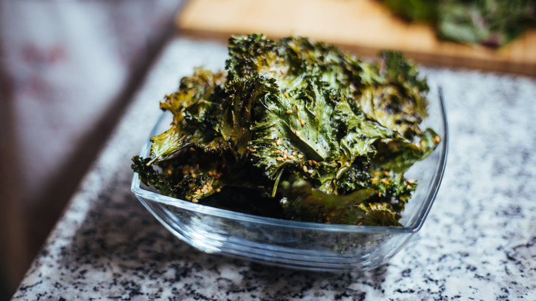 Roasted kale chips in a plate