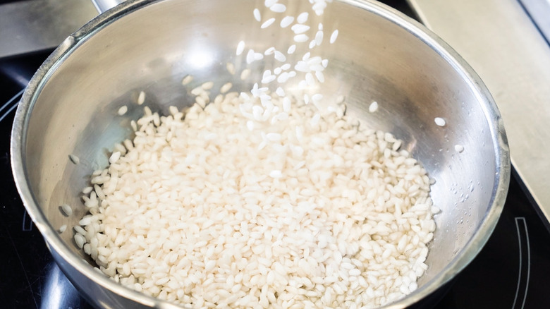 A steel pan of plain white rice