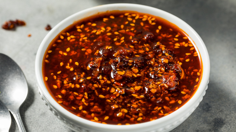 white bowl full of chili crisp oil
