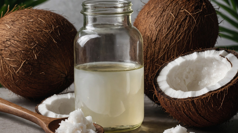 Three coconuts and jar of coconut oil