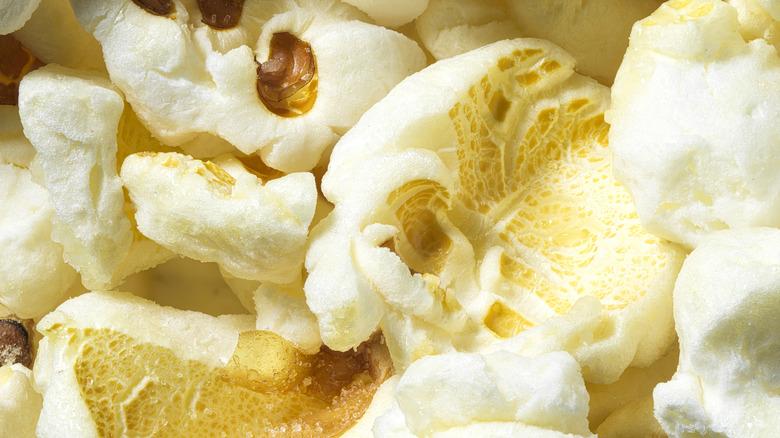 Close up of popped popcorn kernels