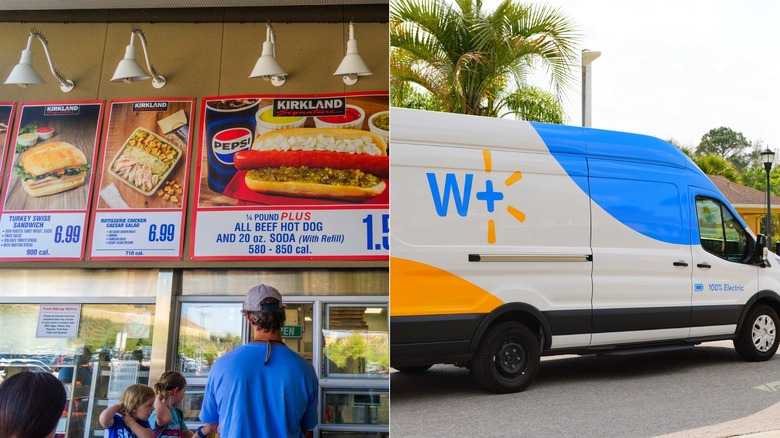 Split image of Costco food court signage and a Walmart delivery van outdoors