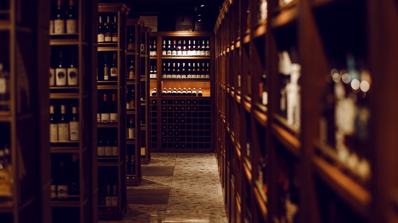 wine cellar shelves full