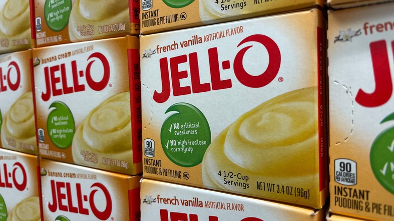 packages of Jell-O instant pudding on store shelf