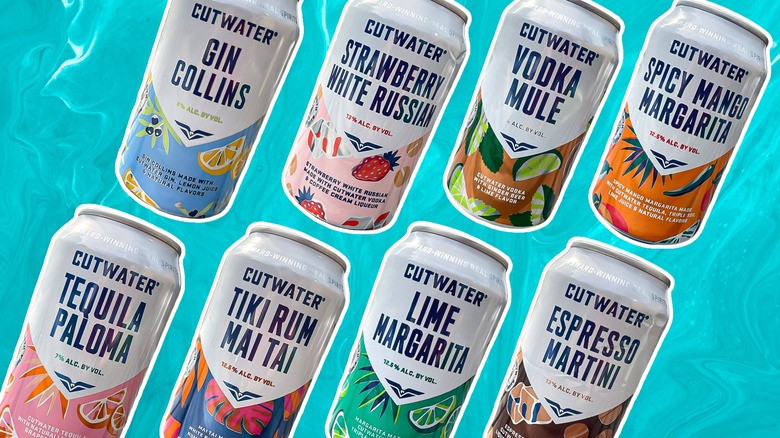 Cans of Cutwater cocktails on aqua background