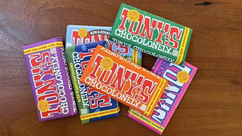 Pile of assorted Tony's Chocolonely bars