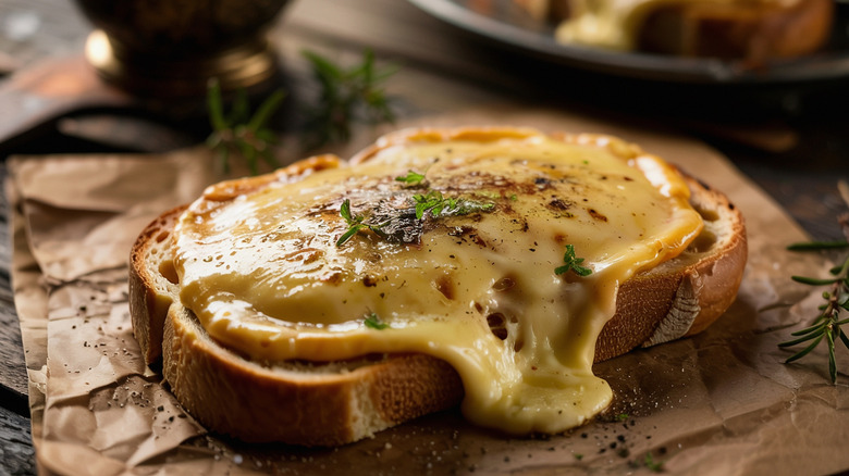 Welsh rarebit on brown paper with herbs