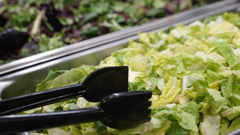 Tongs in lettuce at salad bar