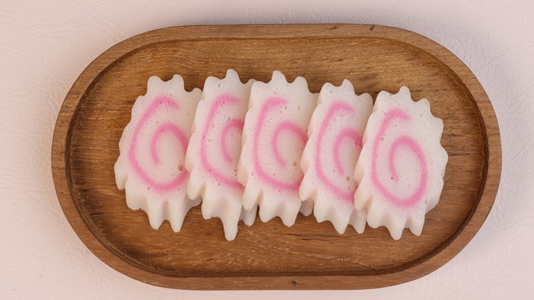 narutomaki displayed on wooden board