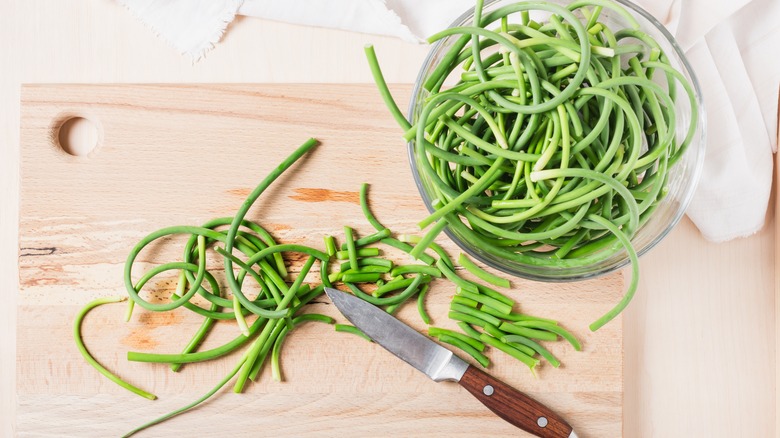 garlic scapes bowl and cutting board