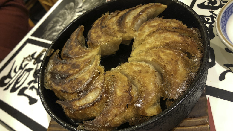 Ceramic pan with fried gyoza