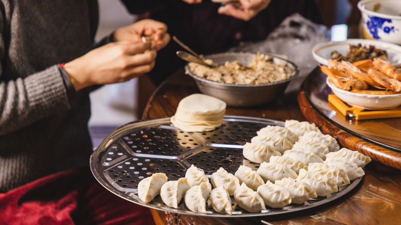 Hands of two women making gyoza