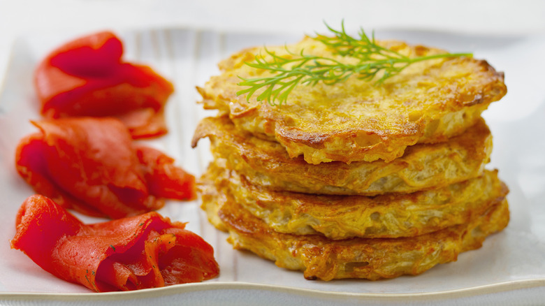 stack of latkes with lox