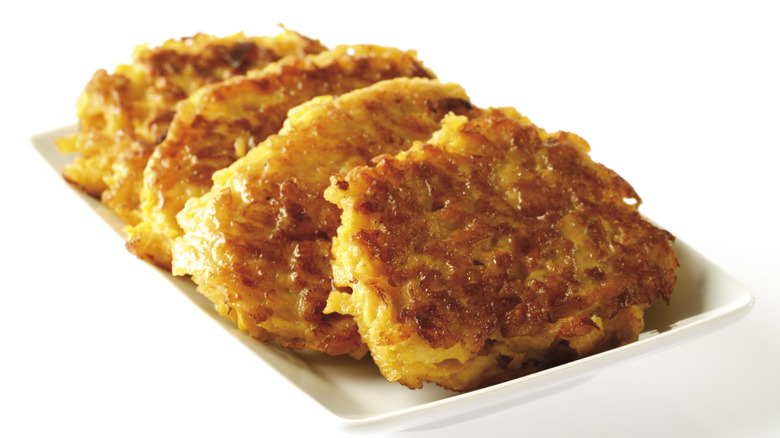 row of cooked potato latkes