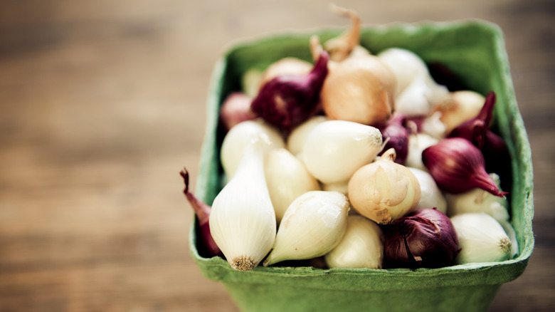 Multicolored pearl onions in a paper basket