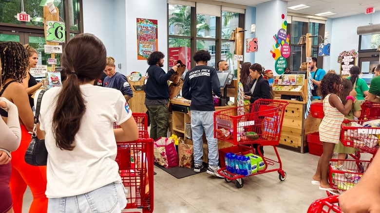 Crowded check outs at Trader Joe's