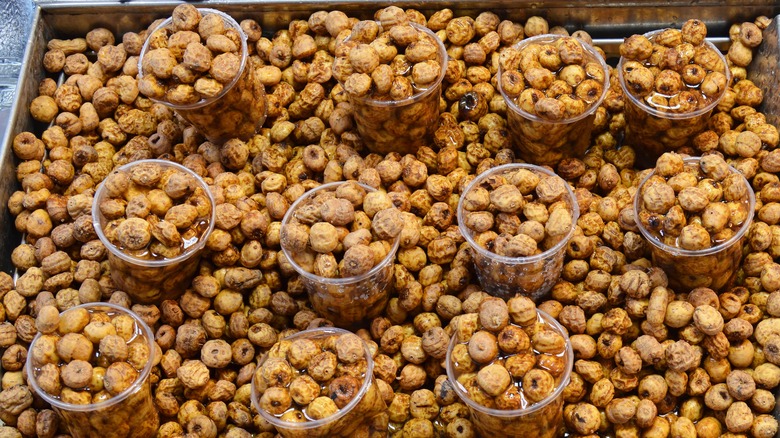 Three rows of cups full of tiger nuts sit in a tray of loose tiger nuts