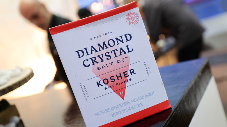 A box of Diamond Crystal kosher salt on a counter.