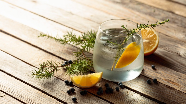 Gin cocktail with juniper and lemon on a table