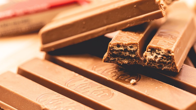 KitKat bars close-up, broken in half to show inside