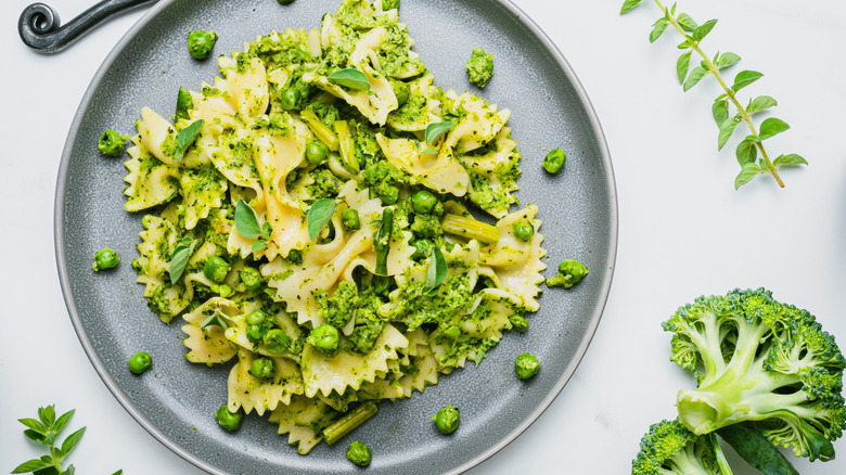 Pea pesto pasta on a dish