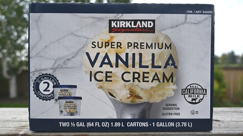 Box of Costco's Kirkland Signature Super Premium Vanilla Ice Cream. 