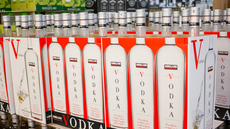 Kirkland vodka boxes on shelves