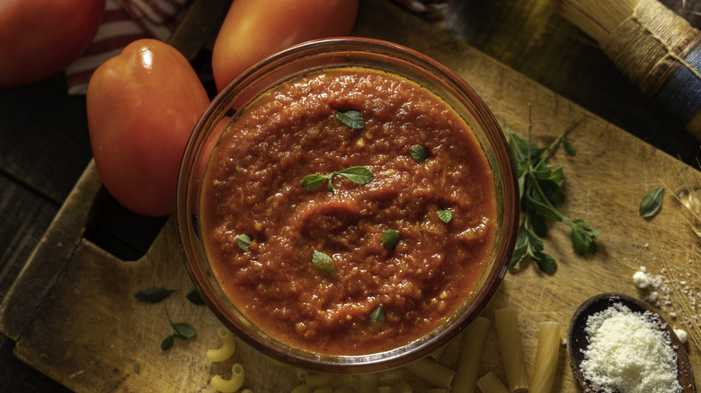 Bowl of Italian Red Sauce with Ingredients