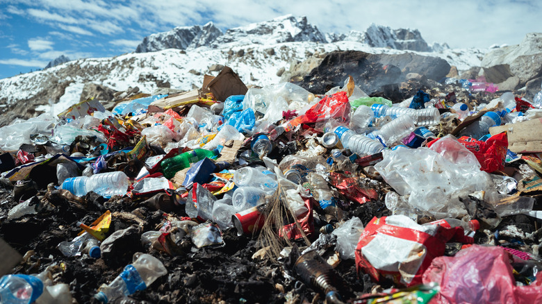 A landfill with plastic bottles, bags, and food waste