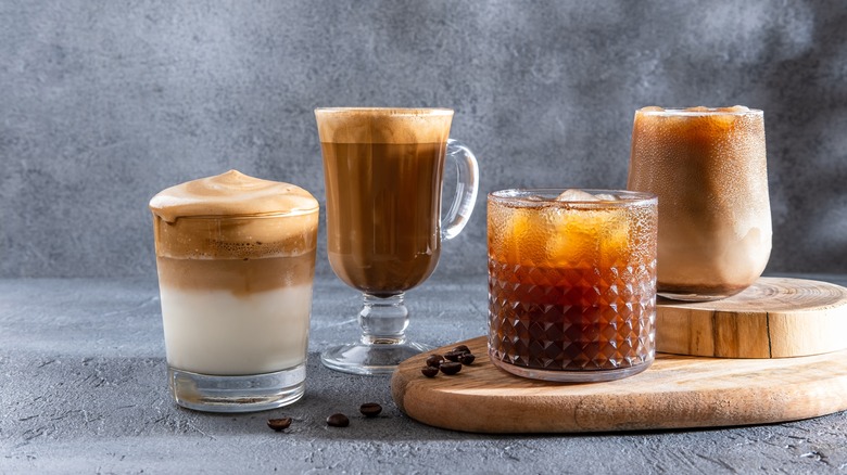 Four glasses of coffee drinks
