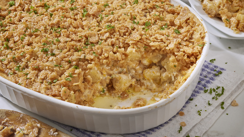 Funeral potatoes in casserole dish 