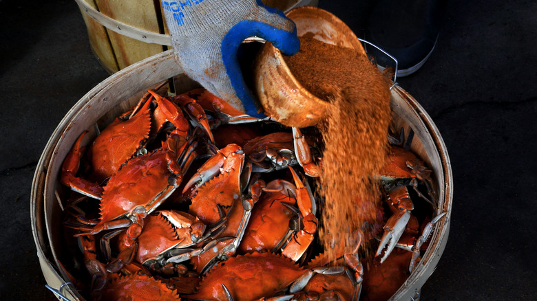 old bay poured onto crab