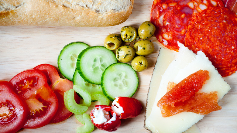 cheese, meat, and veggie spread