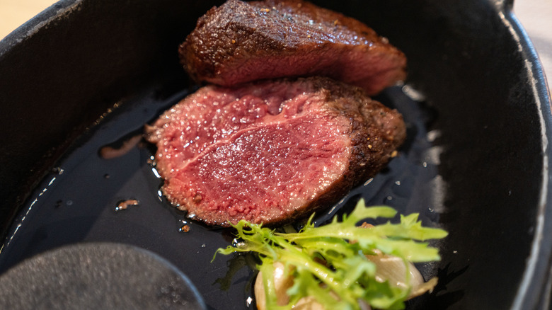 Interior of a black and blue steak