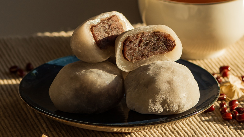 Sliced azuki bean mochi on plate