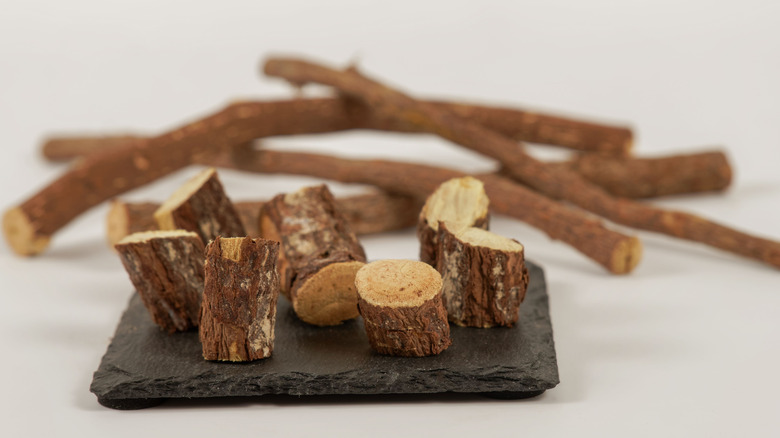 Licorice root on a coaster