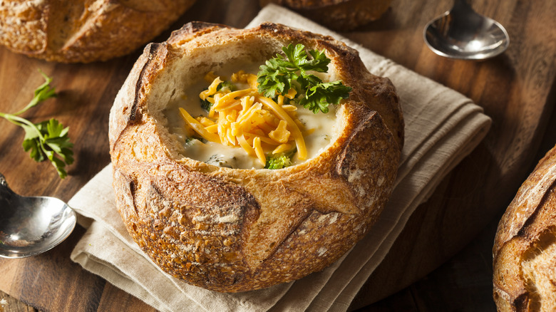 Bread bowl with broccoli cheddar soup