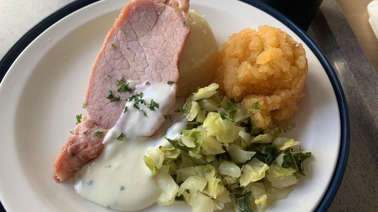 Ham, potatoes, salad, and turnip