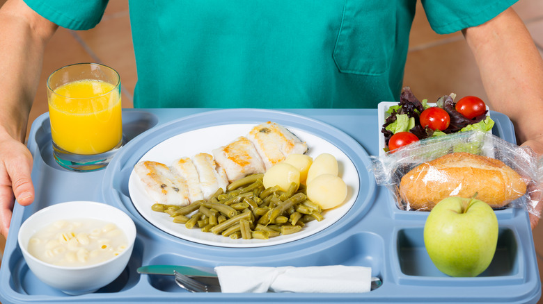 Orderly holding hospital food tray