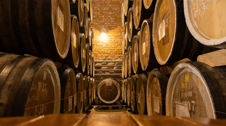 Whiskey barrels aging