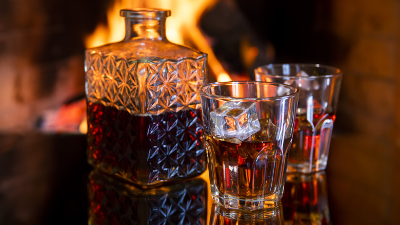 Bourbon in decanter and glasses