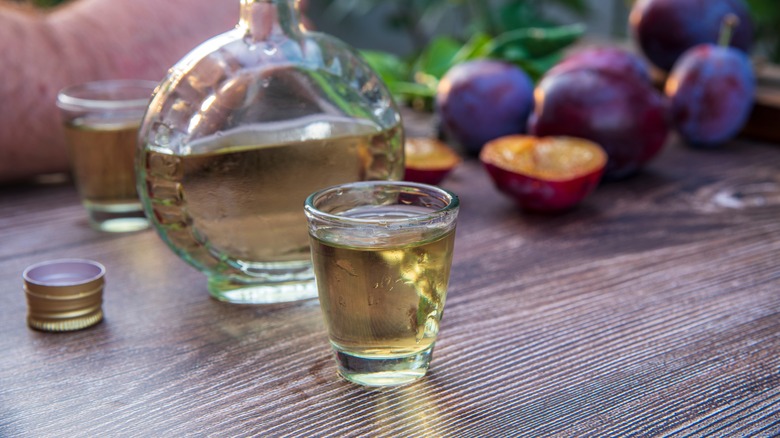 Bottle and glass of plum brandy