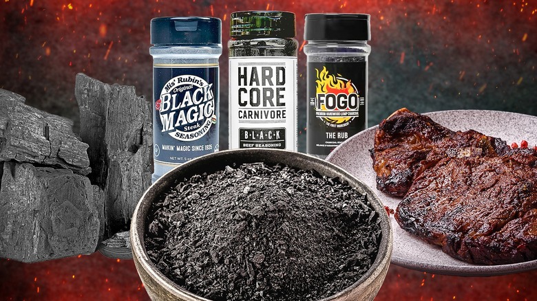 Bowl of charcoal seasoning surrounded by charcoal, seasoning bottles, and steak