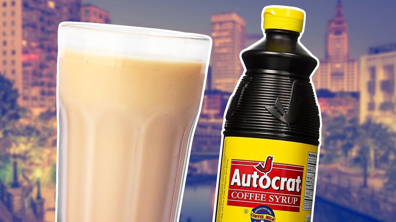 Composite image, coffee milk and Autocrat syrup