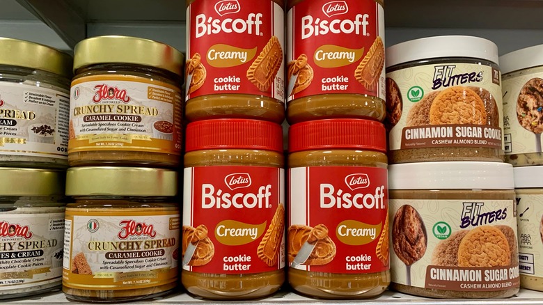 A shelf of cookie butter