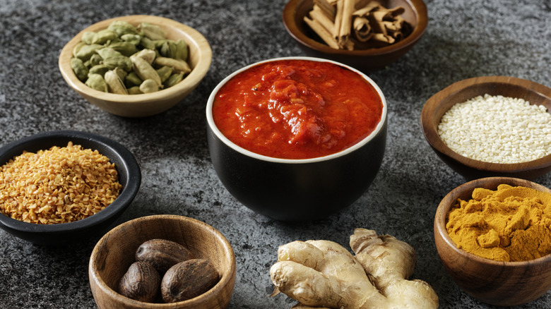 Harissa in a dish surrounded by African spices