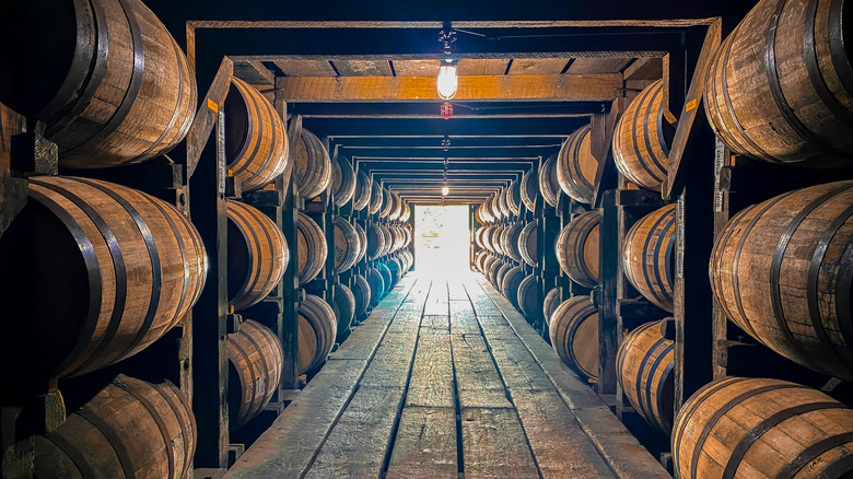 Whiskey barrels in a rickhouse/barrelhouse