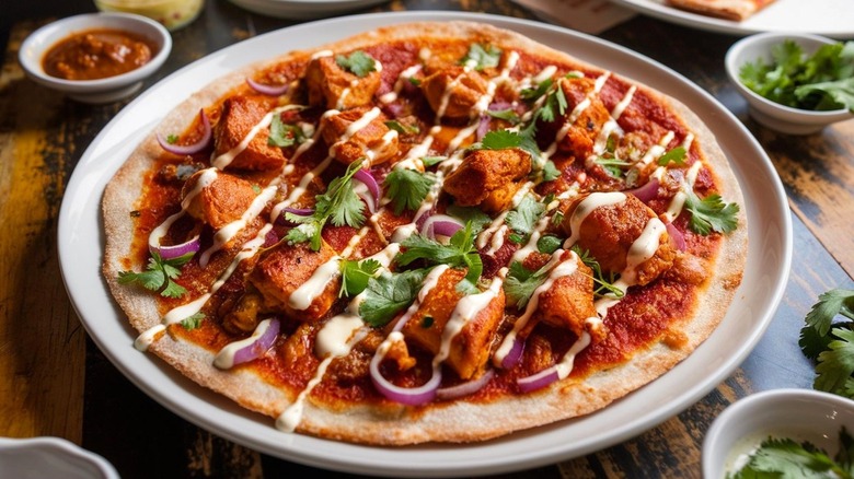 Tandoori chicken Indian pizza on plate with bowls of ingredients