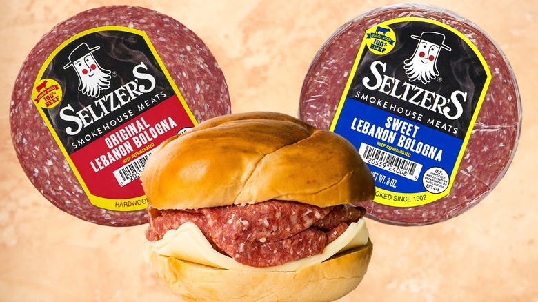 Composite image showing packages of Seltzer's Lebanon bologna, behind a Lebanon bologna sandwich