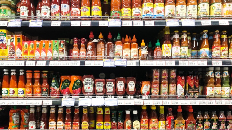 bottles of sauce and condiments